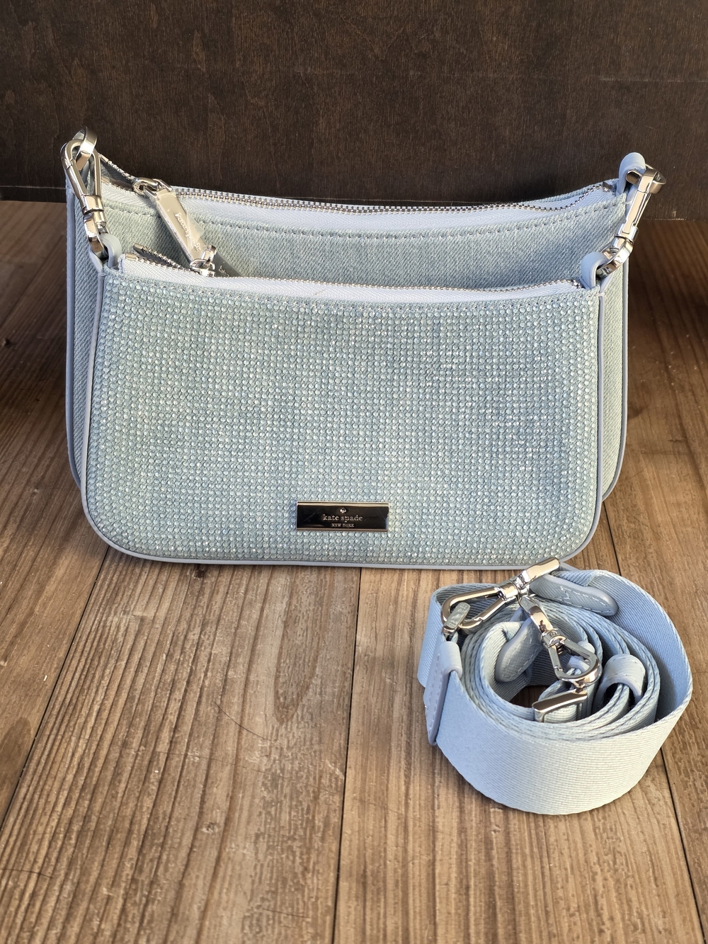 Kate Spade NWOT Duet Studded Pale Blue Denim Convertible Crossbody Bag